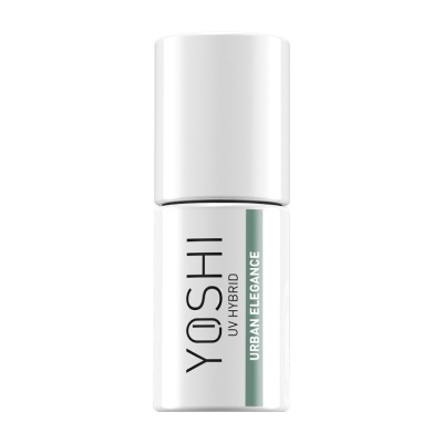 Frasco branco de cosmético com tampa e rótulo com texto 'YOSHI UV HYBRID URBAN ELEGANCE'