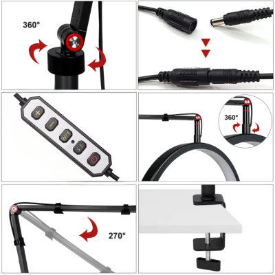 Suporte articulado preto com controles e conexões, fixado numa mesa.