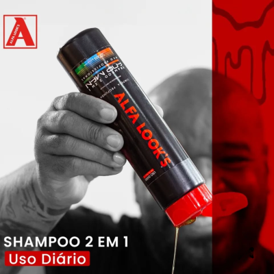 Frasco preto e vermelho de shampoo 2 em 1 Alfa Looks com texto em fundo branco e vermelho