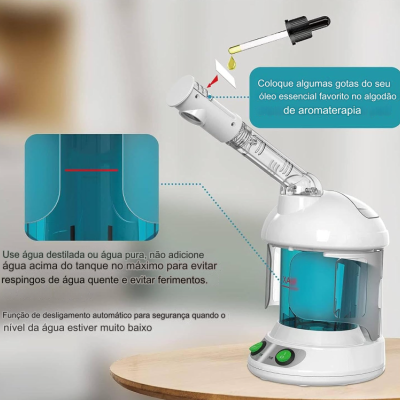 Humidificador de ar branco com reservatório azul sobre superfície de madeira