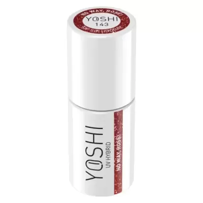 Frasco branco de verniz de unhas YOSHI UV HYBRID com rótulo vermelho com texto