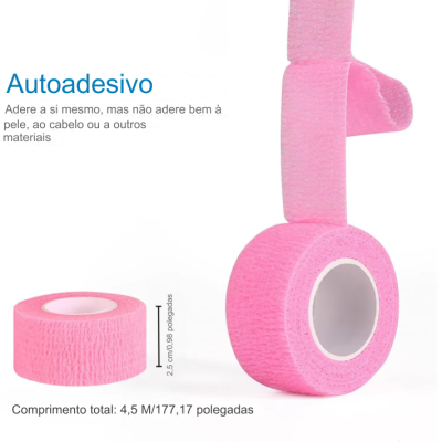 Rolo de fita adesiva rosa com textura e texto em português