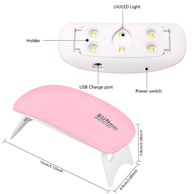 Lâmpada de cura para unhas rosa e branca com suporte dobrável e luz UV/LED