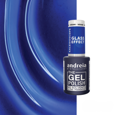 Frasco de verniz gel Andreia Professional The Gel Polish em fundo azul com padrão circular