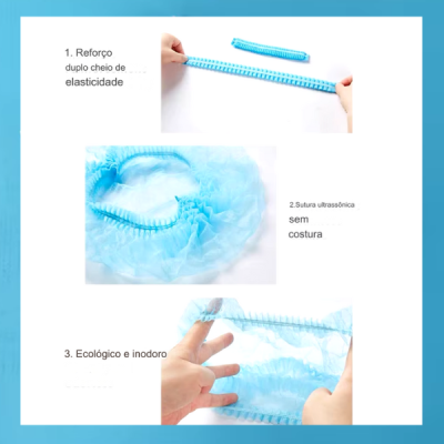 Touca descartável azul com detalhes em elasticidade e sutura ultrasónica