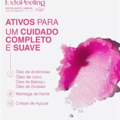Esfoliante labial rosa e branco com texto promocional em português