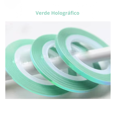 Três rolos de fita verde holográfica alinhados