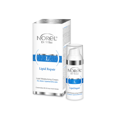 Frasco e caixa brancos com detalhes azuis e textos do creme hidratante Norel Lipid Repair