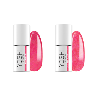 Verniz UV YOSHI em frascos brancos, com amostras rosa e glitter
