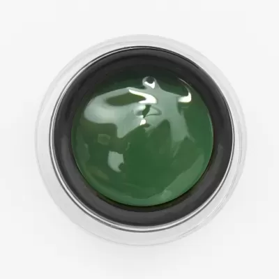 Botão redondo verde brilhante com borda preta e estrutura prateada