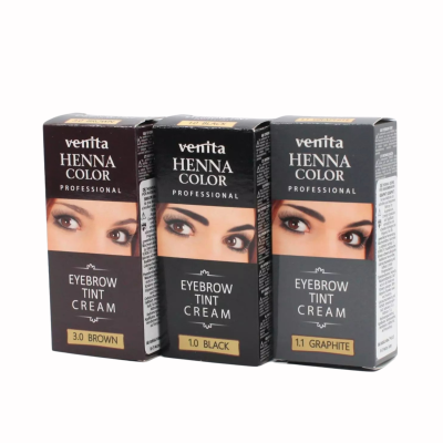 Três caixas de tinta para sobrancelhas Verita Henna Color Professional em marrom, preto e grafite