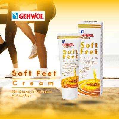 Creme GEHWOL Soft Feet em embalagem e tubo brancos com detalhes amarelos e vermelhos, e imagem de mel.