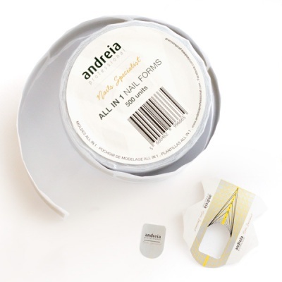 Embalagem branca com rolo de formas para unhas da marca andreia e uma forma de unha individual