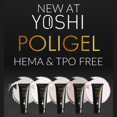 Cinco tubos pretos de Poligel Yoshi com texto promocional em fundo preto