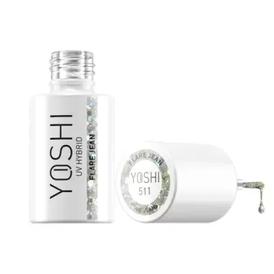 Verniz UV híbrido Yoshi 511 Flare Jean em frasco branco aberto e tampa com pincel