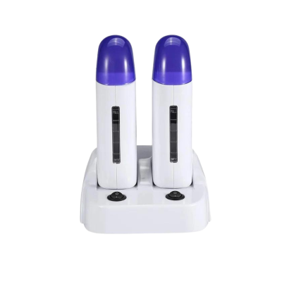 Dois aparelhos brancos com tampas roxas numa base branca