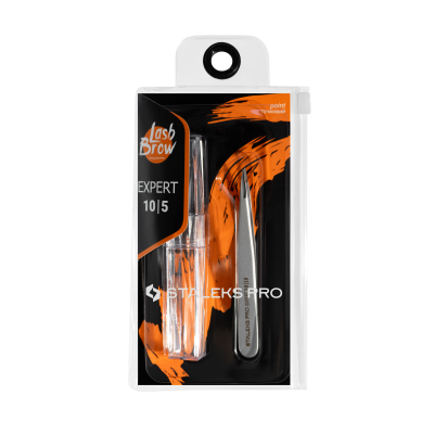 Embalagem de pincel e pinça Staleks Pro para sobrancelhas preta e laranja