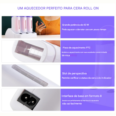 Aquecedor de cera roll on branco com rosa e suas características técnicas em texto roxo.