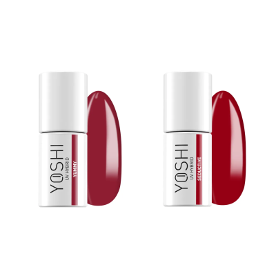 Duas garrafas de verniz de unhas YOSHI UP HYBRID em branco com amostras das cores vermelhas Mythyk e Sublime