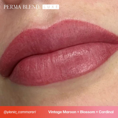 Lábios com batom vermelho rosado mate e texto PERMA BLEND L U X E