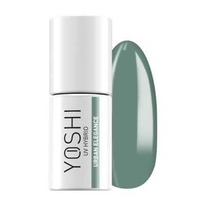 Verniz de unhas híbrido Yoshi UV na cor verde acinzentada com frasco branco