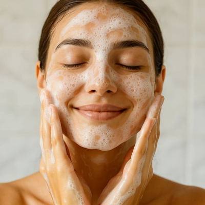 Mulher a lavar o rosto com espuma branca e olhos fechados