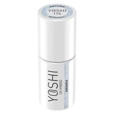 Frasco branco de verniz UV híbrido para unhas com rótulo texto YOSHI.