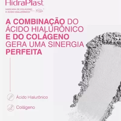 Promoção de máscara de colágeno e ácido hialurónico HidraPlast com texto e textura do produto