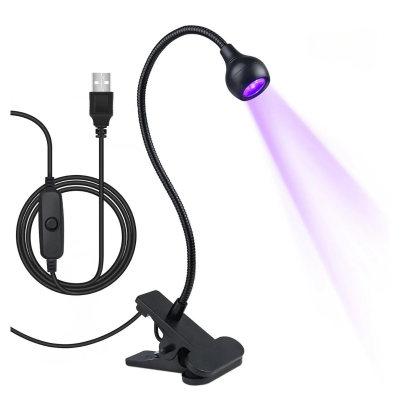 Lâmpada LED violeta flexível com clip e cabo USB preto