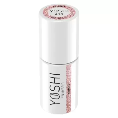 Frasco branco de verniz de unhas YOSHI 413 COMET com faixa rosa glitter