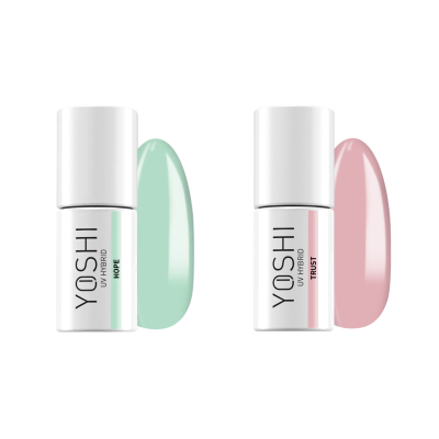 Duas garrafas de verniz YOSHI UV Hybrid uma verde água e outra rosa claro