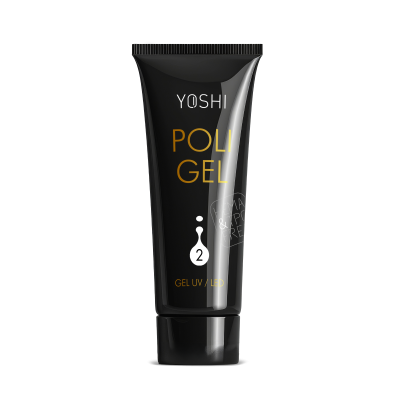 Tubo preto de gel UV/LED YOSHI POLIGEL com detalhes dourados e brancos