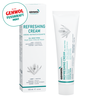 Creme refrescante para pés Gehwol Fusskraft 125 ml com embalagem branca e texto verde e preto