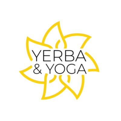 Logótipo amarelo com flor estilizada e texto 'YERBA & YOGA'.