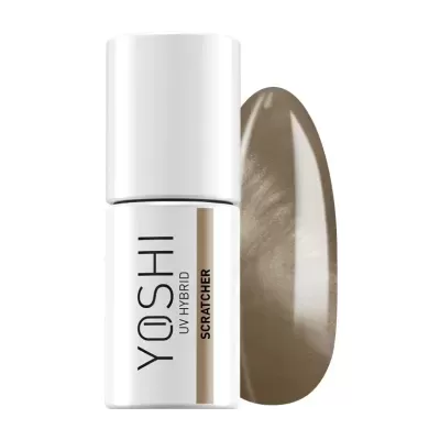 Frasco branco de verniz de unhas YOSHI UV HYBRID SCRATCHER com amostra castanha