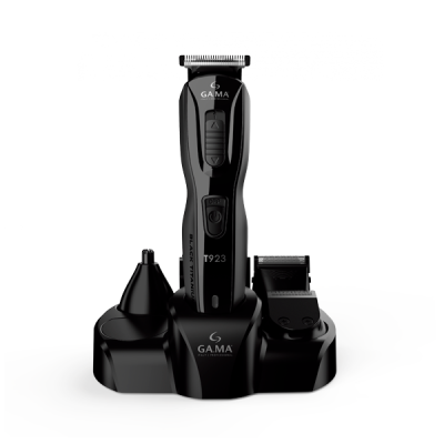 Aparelho de barbear eléctrico preto GAMA T923 com acessórios numa base de carregamento preta