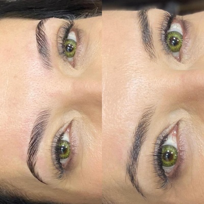 Sobrancelhas definidas antes e depois com olhos verdes