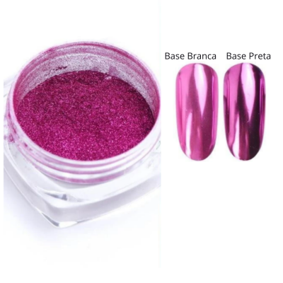 Pó de brilho rosa metálico em pote transparente e amostras de unhas cromadas rosa em base branca e preta