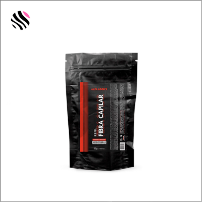 Embala de fibra capilar preta com texto em branco e vermelho ALFA LOOK'S