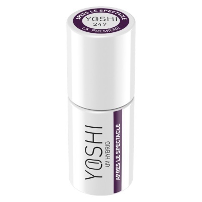 Frasco branco de verniz de unhas YOSHI UV Hybrid com rótulo roxo e branco