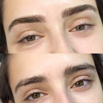 Antes e depois de sobrancelhas femininas castanho-escuro penteadas.