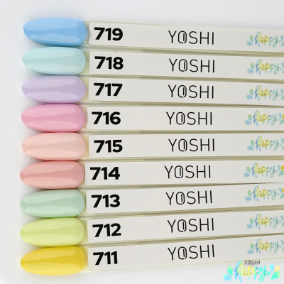 Paletas de cores de verniz de unhas da YOSHI numeradas de 711 a 719 em tons pastel