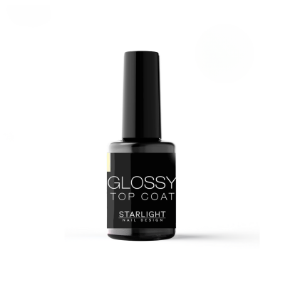 Frasco de top coat brilhante para unhas com rótulo preto e texto branco