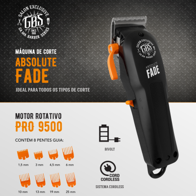 Máquina de corte ABSOLUTE FADE preta com alavanca laranja e texto explicativo