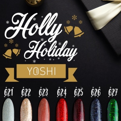 Amostras de verniz de unhas colorido com texto HOLLY Holiday e YOSHI em fundo preto