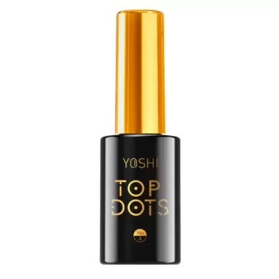 Frasco preto de verniz com tampa dourada e texto TOP DOTS.