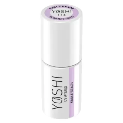 Frasco branco de verniz para unhas YOSHI UV HYBRID com etiquetas lilás e texto