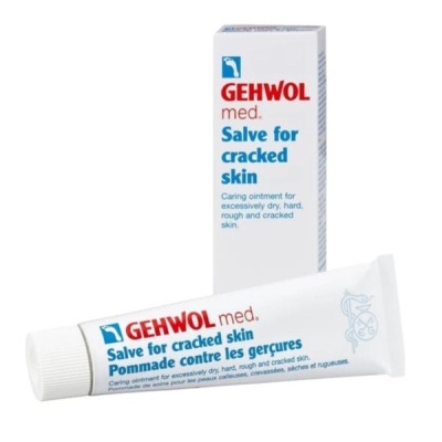 Creme GEHWOL med. para pele rachada em tubo e caixa brancos com texto azul e vermelho