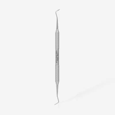Instrumento odontológico metálico com duas pontas curvas e gravado profissional