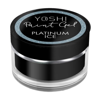 Frasco pequeno de vidro com tampa preta com texto YOSHI Paint Gel PLATINUM ICE.